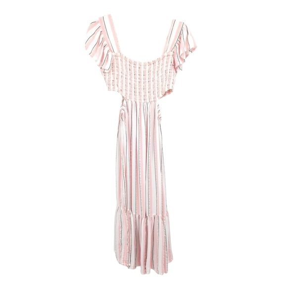 Blue Island Large Cutout Maxi Dress Striped Smocked Flutter Sleeve Pink White - Picture 2 of 9